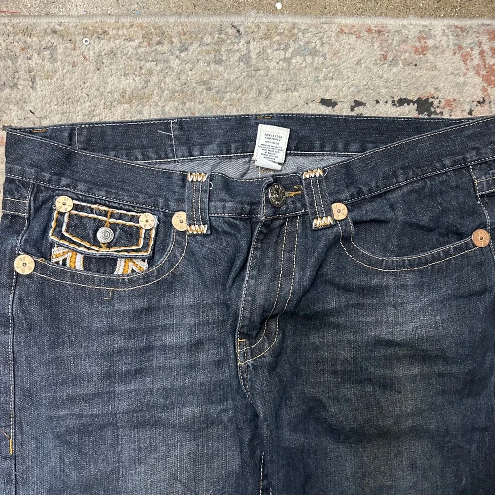 True Religion Joey Super T Jeans Men 40x30 Dark Blue Wide Leg Baggy White Stitch